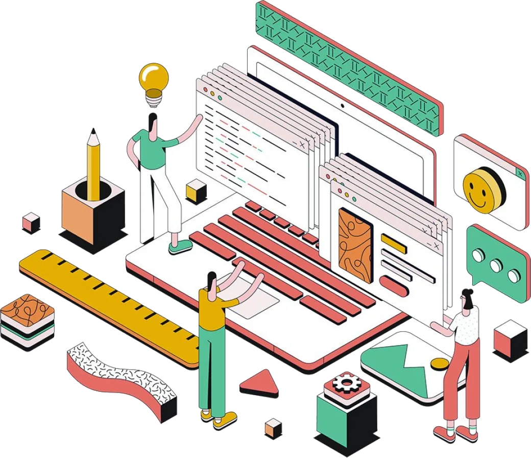 Illustration of a team assembling Shopify apps around a laptop